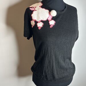 August Silk BLACK Silk Stretch Knit Top Womens M Poodle Appliqué Pin Up Shirt